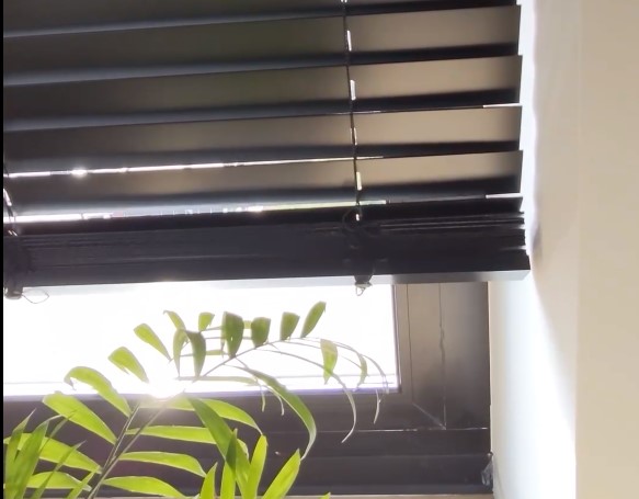 dark colored blinds rolling up a window using motorization